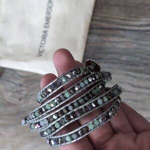 Victoria Emerson Five Wrap Crystal Beaded Bracelet Sage Gray Silver